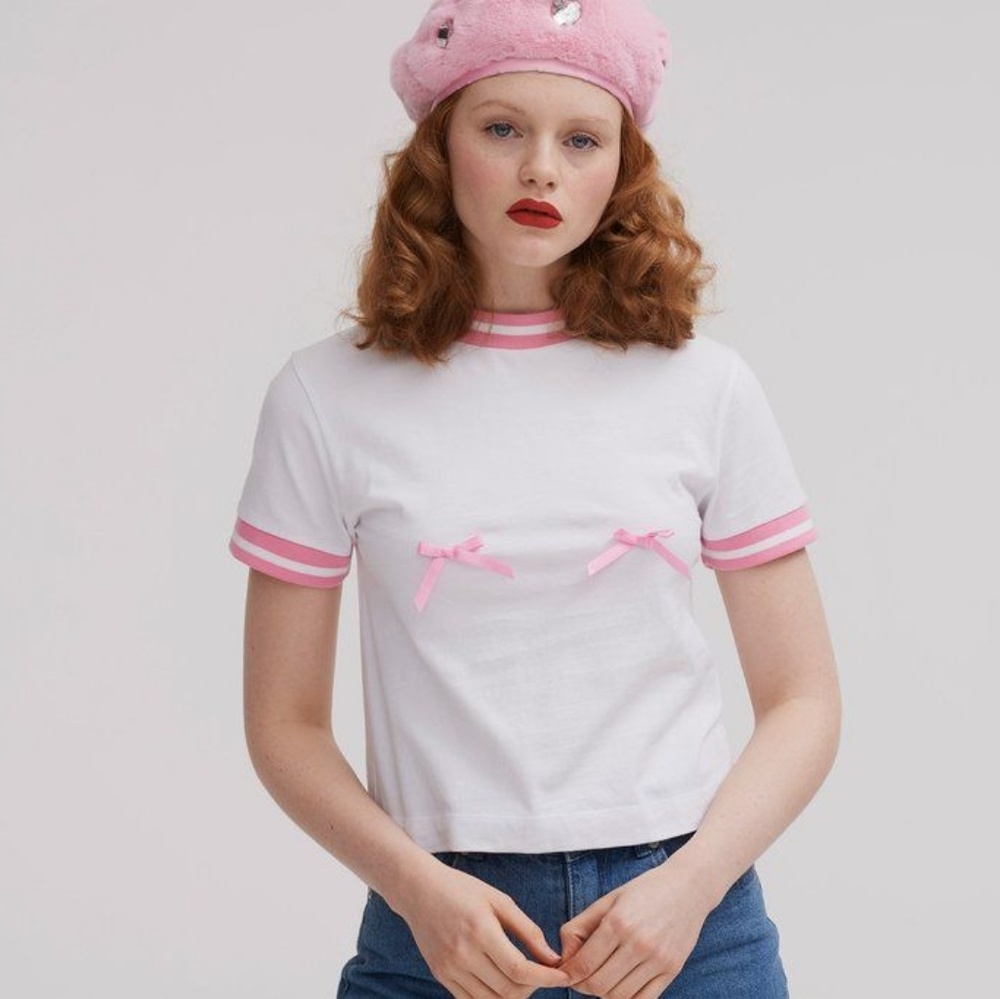 🌸Two for $55💲LAZY OAF Boob BOW Ringer Tee T-Shirt TOP BNWT
